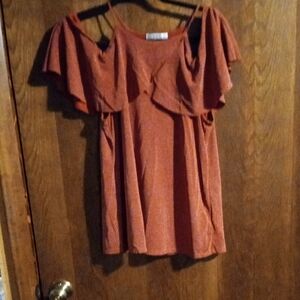 Moa Moa Rust Cold-Shoulder Ruffle Tunic